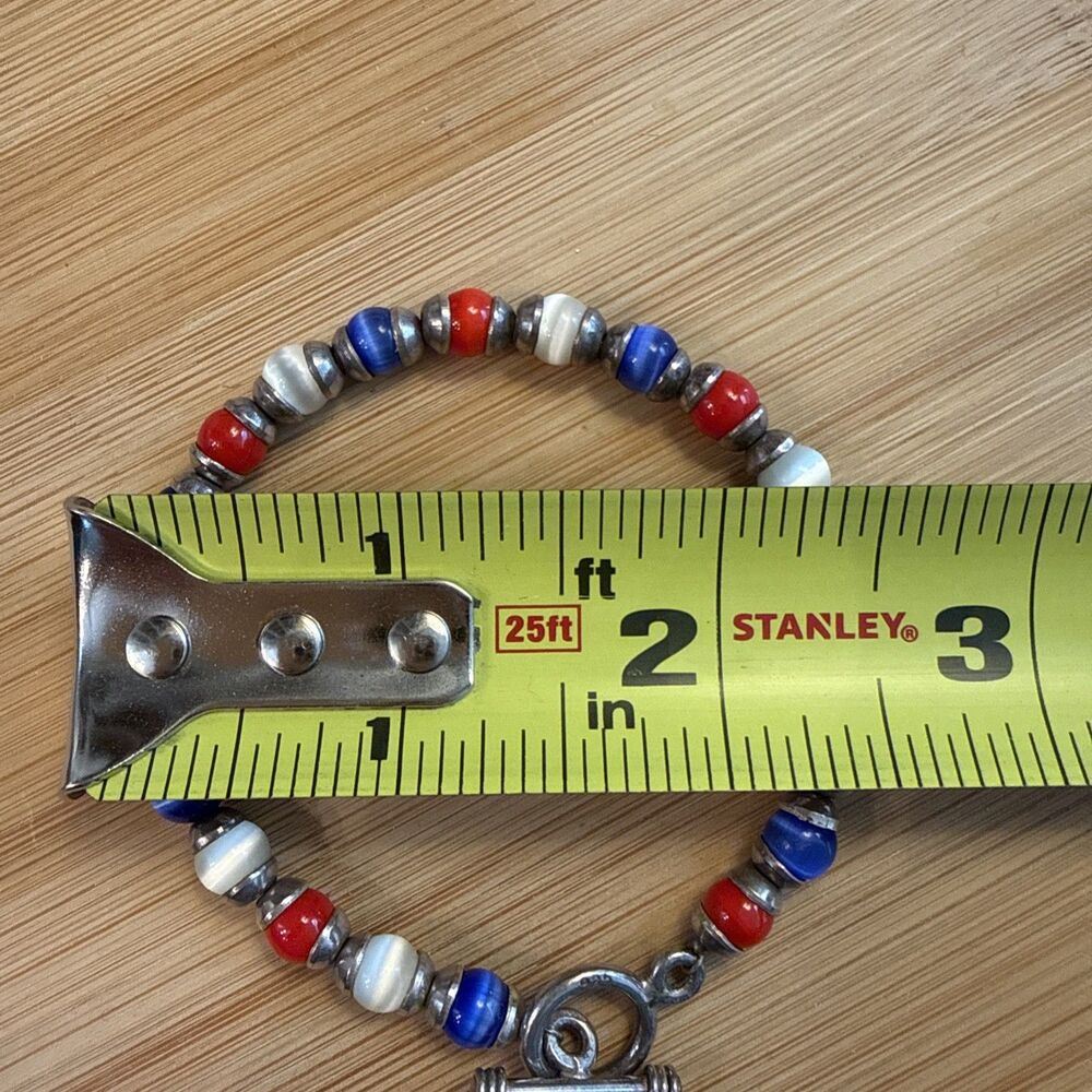 RED WHITE AND BLUE BEAD BRACELET UNBRANDED STERLING CLASP - Picture 4 of 4